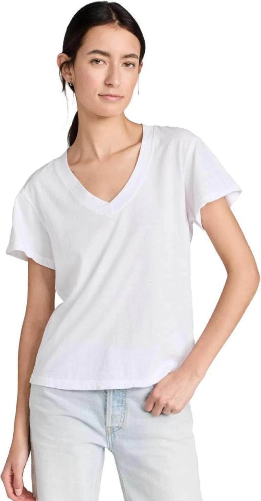 PerfectWhiteTee Women's Oversized Cotton V-Neck T-Shirt - Soft Boxy Fit Casual Top