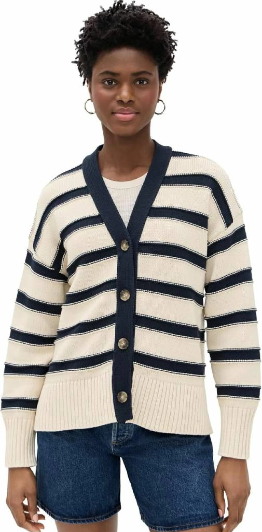 Madewell Women's Striped Oversized Cardigan - Soft Cotton Long Open Front Sweater