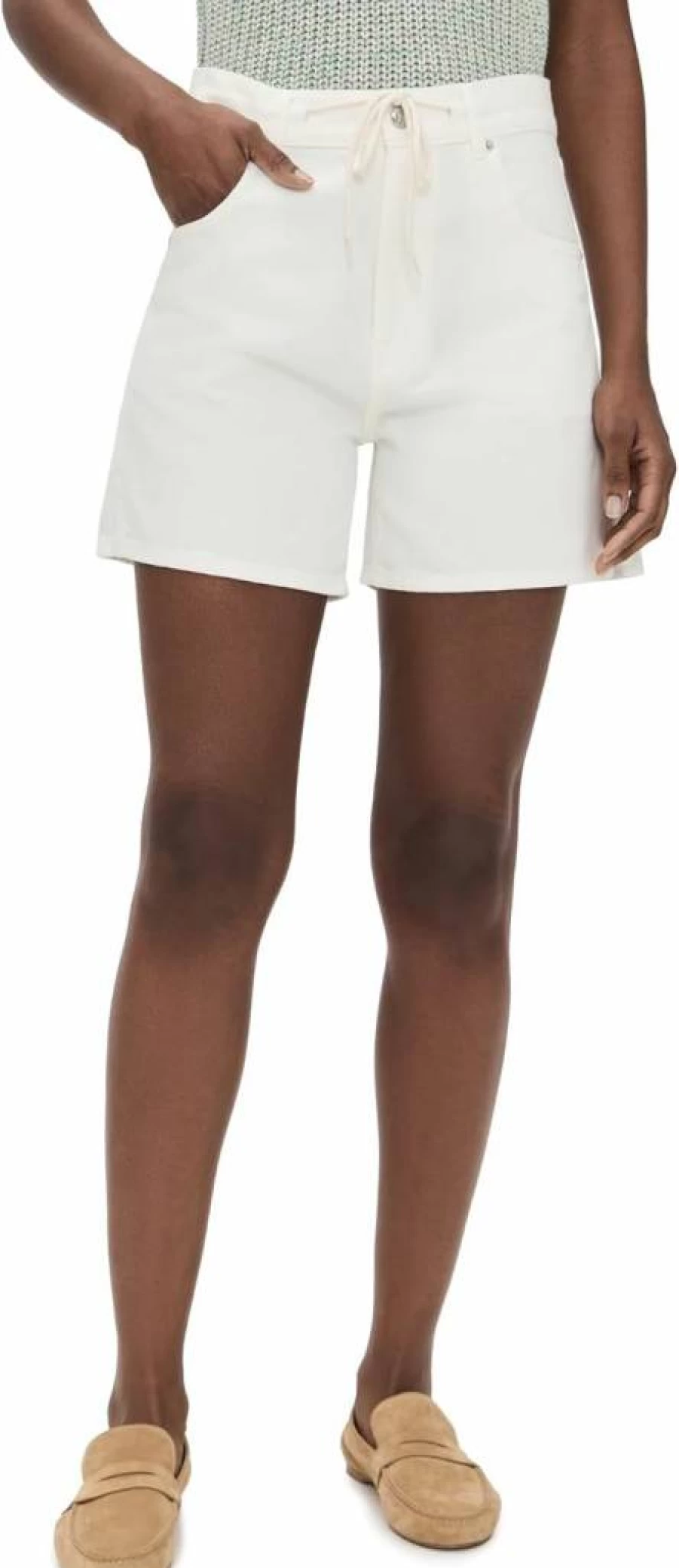 Madewell Women's High-Rise Drawstring Denim Shorts in Tile White - Comfortable Summer Jean Shorts