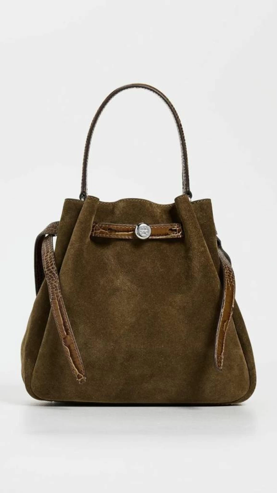 Tory Burch Women's Romy Suede Bucket Bag – Stylish Leather Handbag for Women, Fashionable Shoulder Bag with Premium Suede Material
