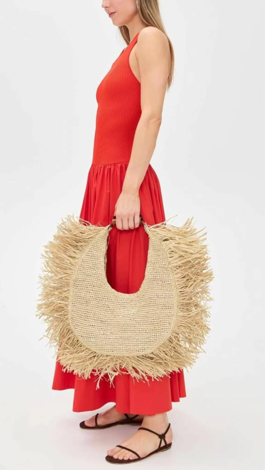 STAUD Raffia Moon Tote Bag for Women - Large Woven Straw Handbag