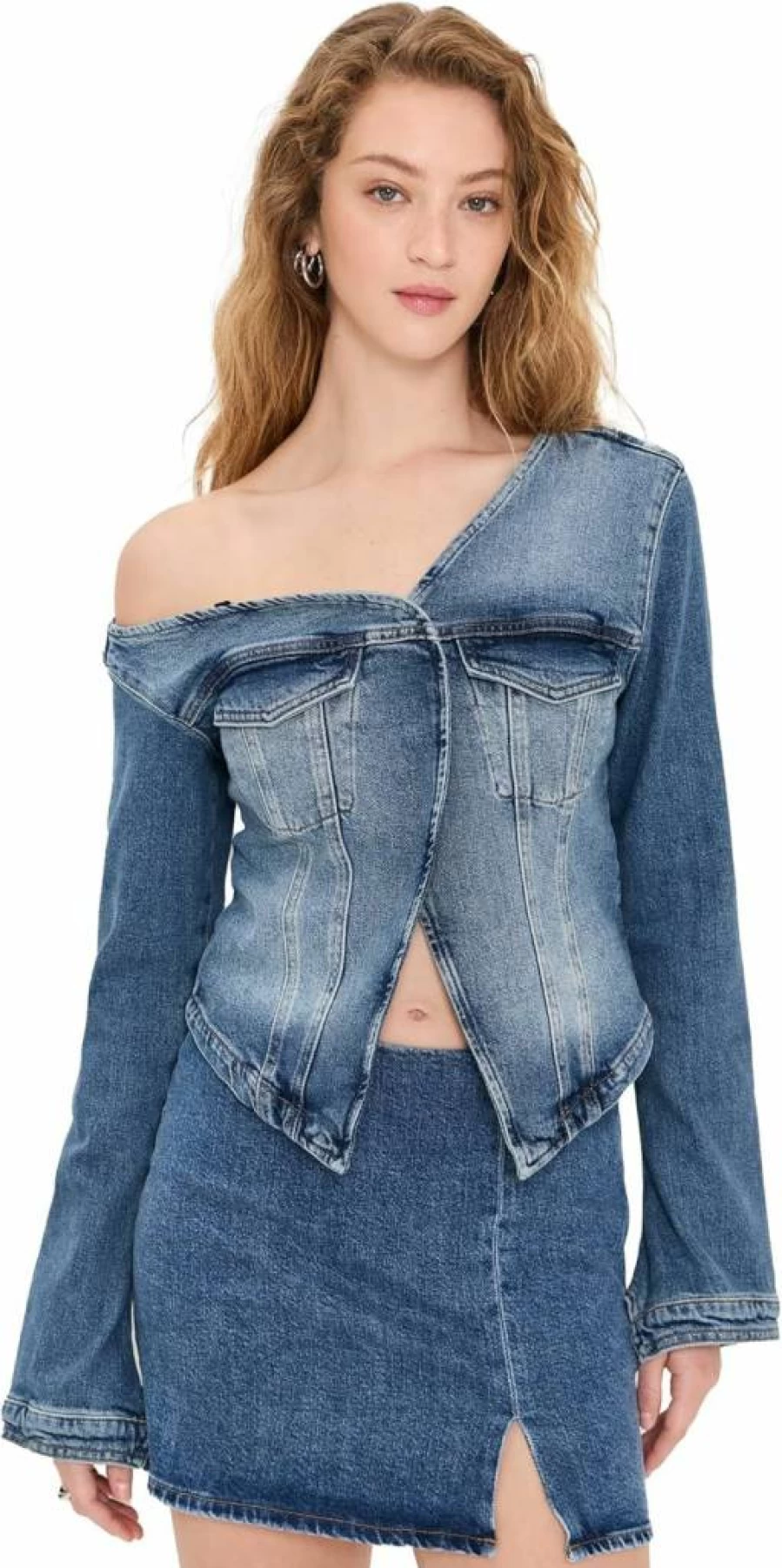Good American Indigo771 Asymmetrical Denim Shirt for Women - Distressed Blue Long Sleeve Top