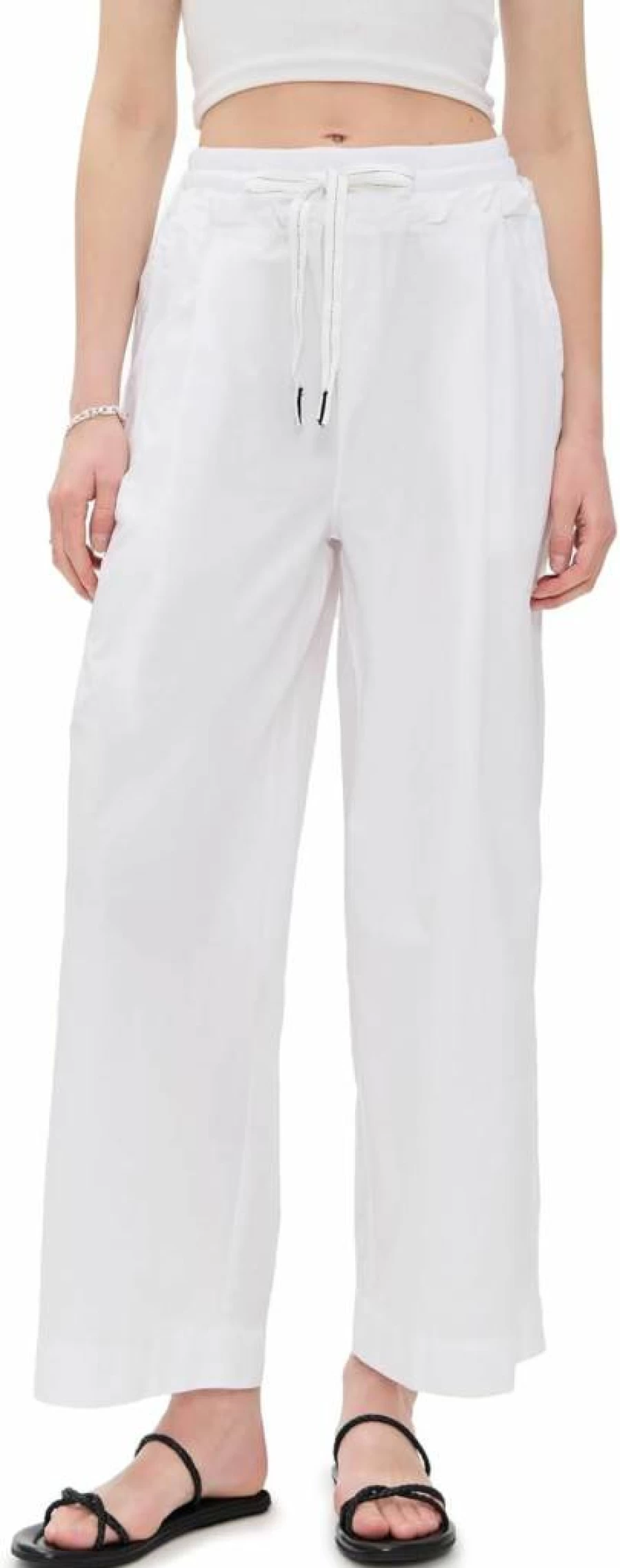 Stateside Women's Poplin Drawstring Waist Pants - Comfortable Ribbed Fine Fabric Trousers