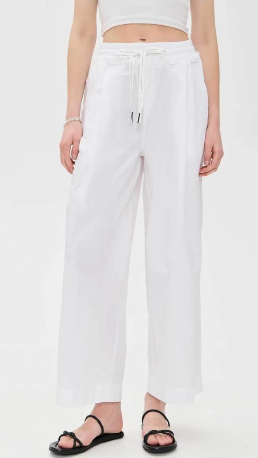 Stateside Women's Poplin Drawstring Waist Pants - Comfortable Ribbed Fine Fabric Trousers