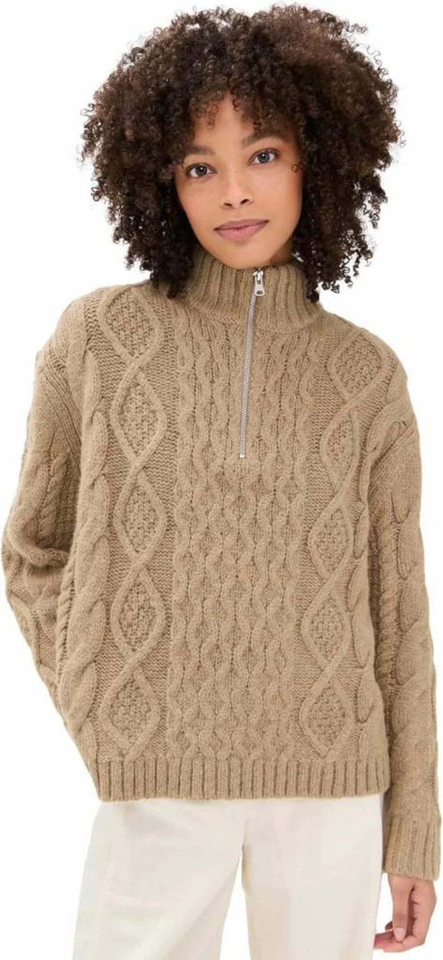Jenni Kayne Women's Chunky Cable Knit Half Zip Sweater - Soft Wool Pullover Winter Top
