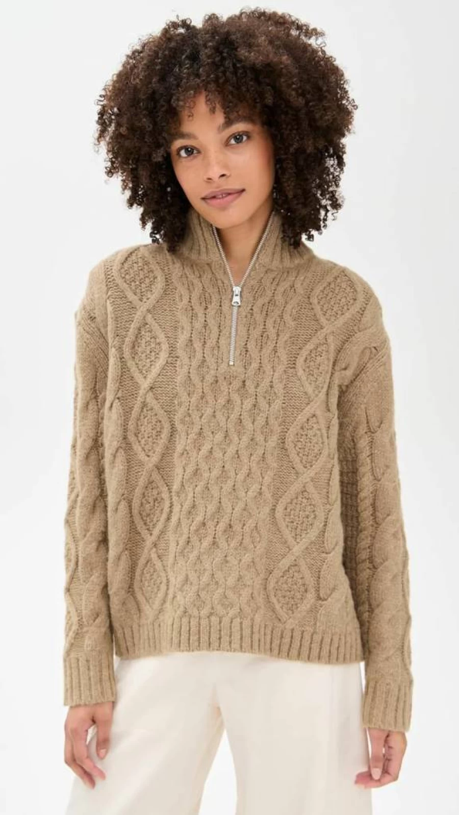 Jenni Kayne Women's Chunky Cable Knit Half Zip Sweater - Soft Wool Pullover Winter Top
