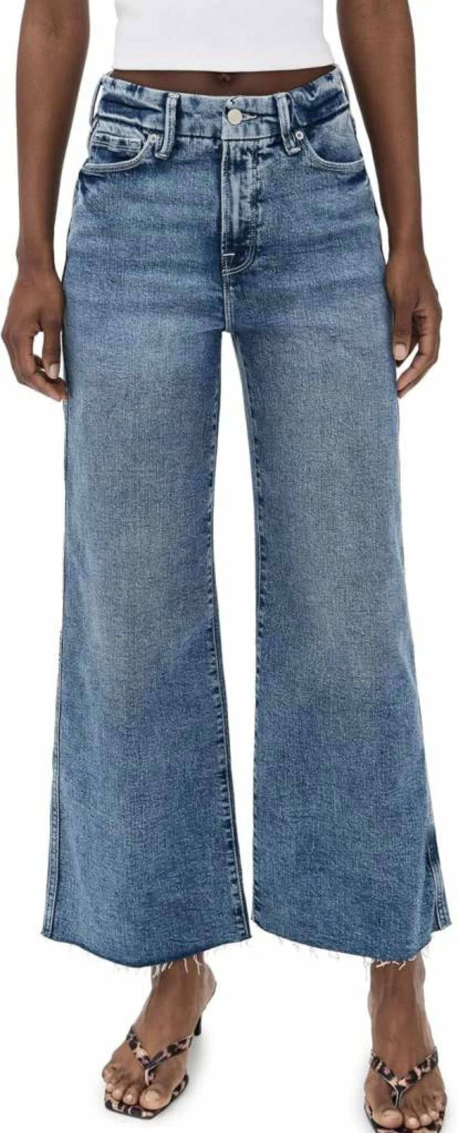 Good American Women's Good Skate Wide Leg Cropped Jeans - High Waist Distressed Denim