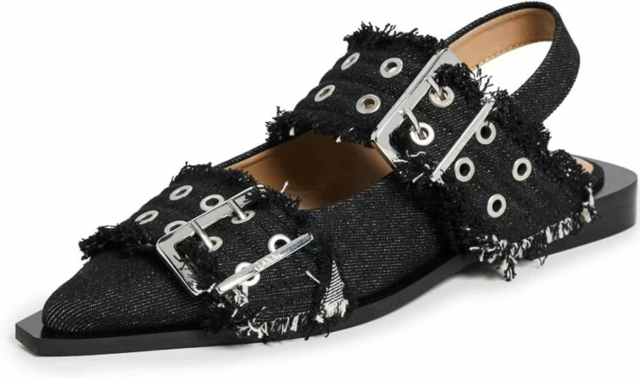 Ganni Women's Denim Ballet Flats with Buckle Detail - Comfortable Slip-On Ballerina Shoes