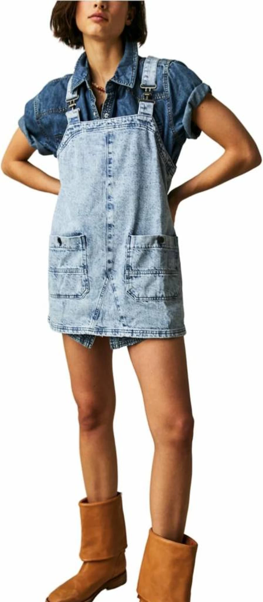 Free Women's Denim Overalls - Free People Smock Mini Dress Romper Jumpsuit