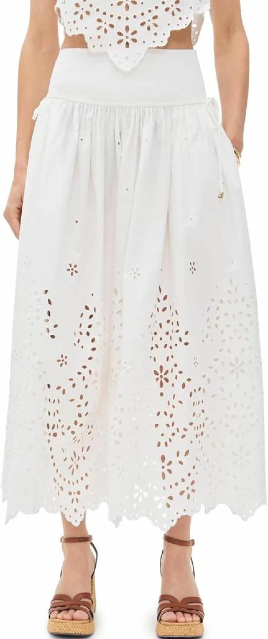 Self Portrait Women's White Embroidered Cotton Midi Skirt - Elegant Floral Design