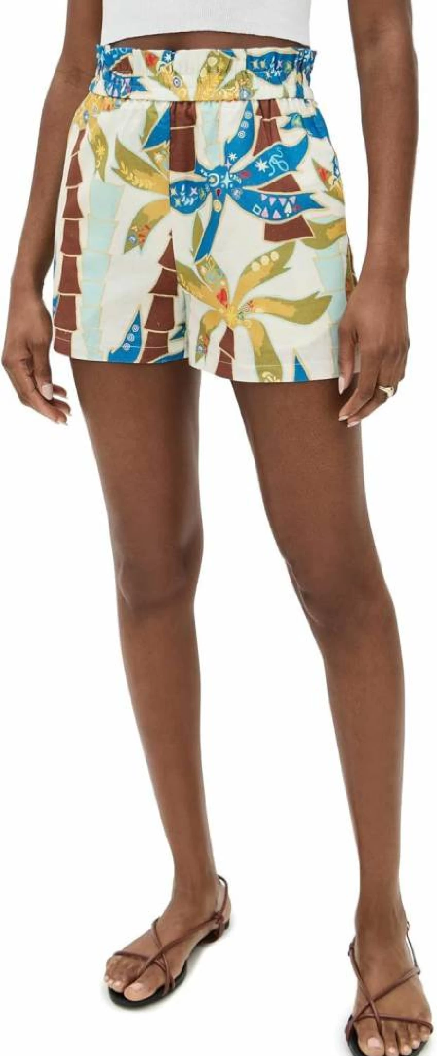 Never Fully Dressed Women's Elissa High-Waisted Palm Print Shorts - Summer Casual Stretch Denim Shorts