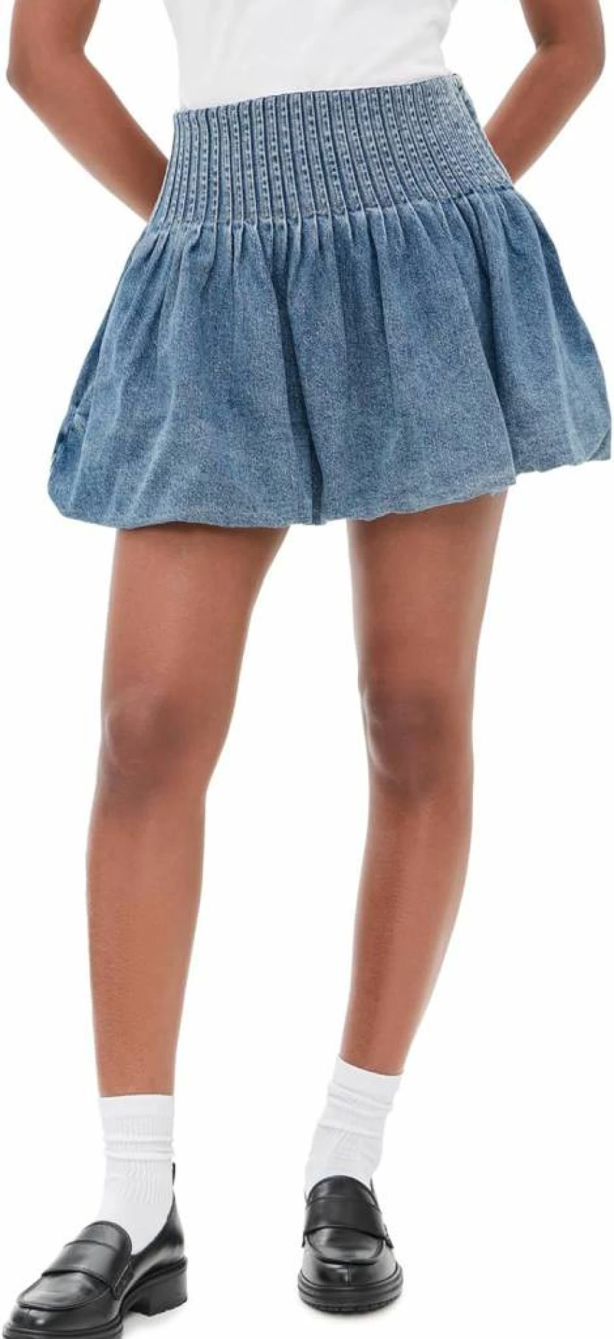 Sea Women's Olive Denim Bubble Hem Mini Skirt - Vintage High Waisted A-Line Denim Skirt
