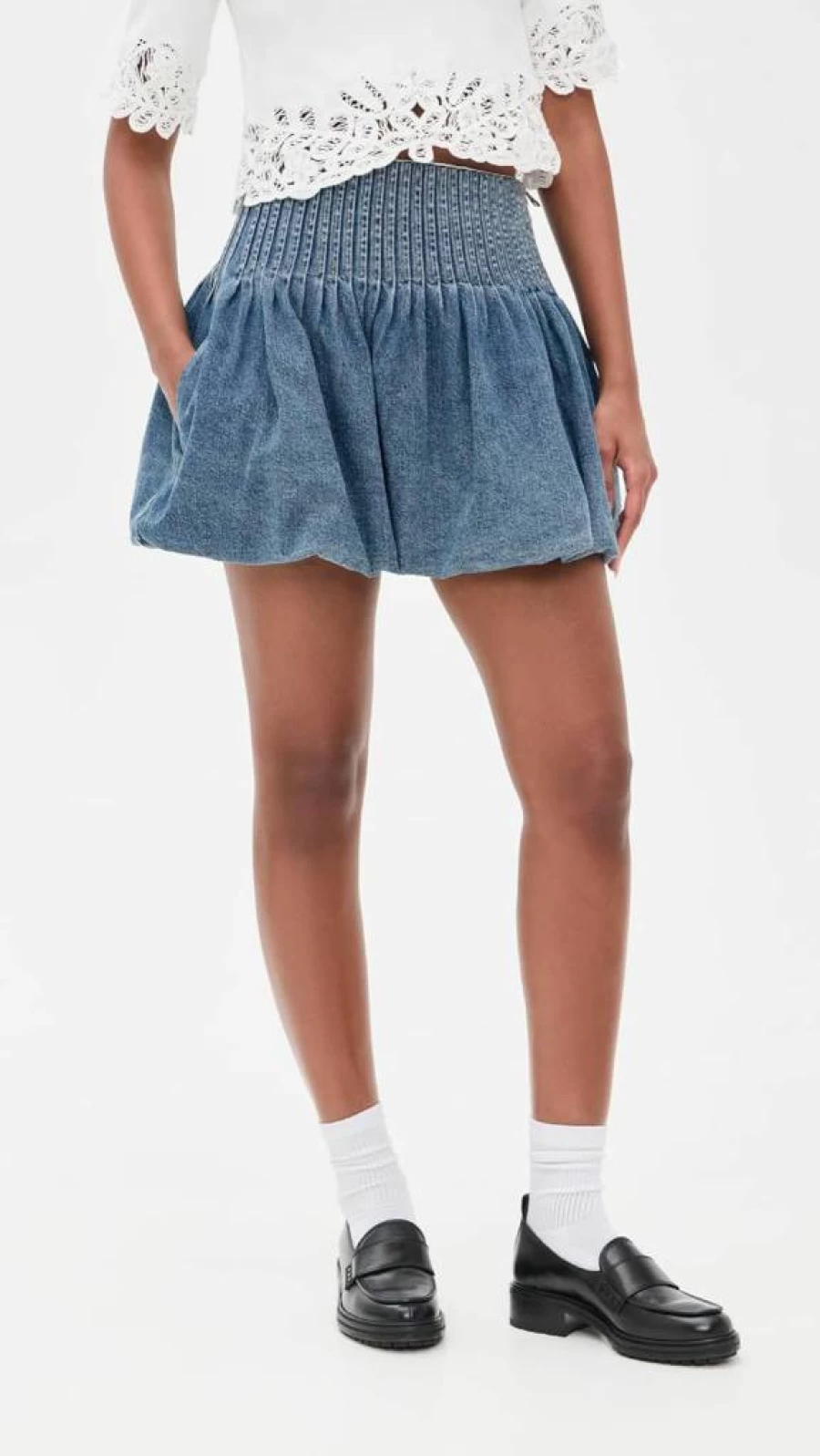 Sea Women's Olive Denim Bubble Hem Mini Skirt - Vintage High Waisted A-Line Denim Skirt