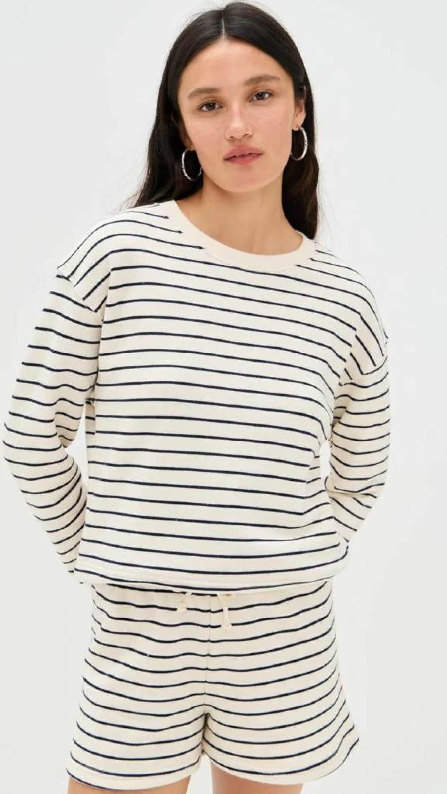 Perfect White Tee Women's French Terry Stripe Pullover Sweatshirt - Tyler Oversized Casual Sweater