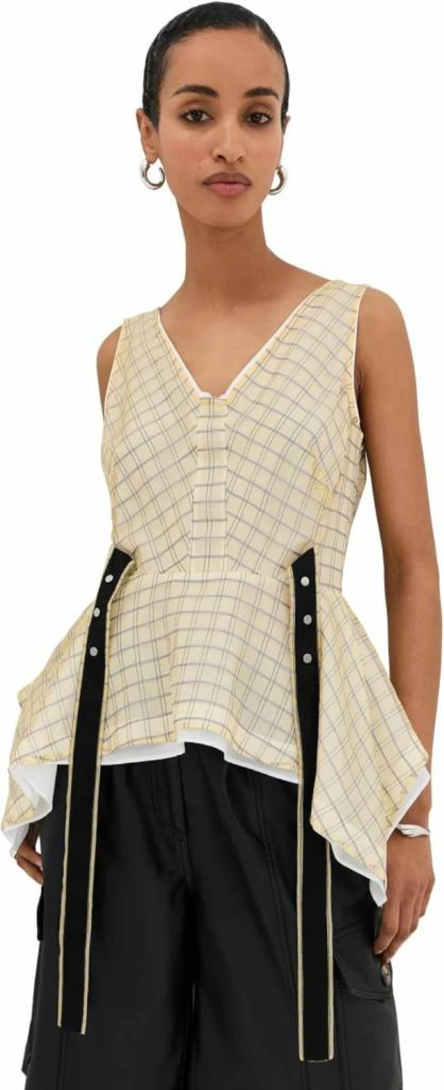 3.1 Phillip Lim Women's Flounce Plaid Organza Top V-Neck Blouse Elegant Chic Style