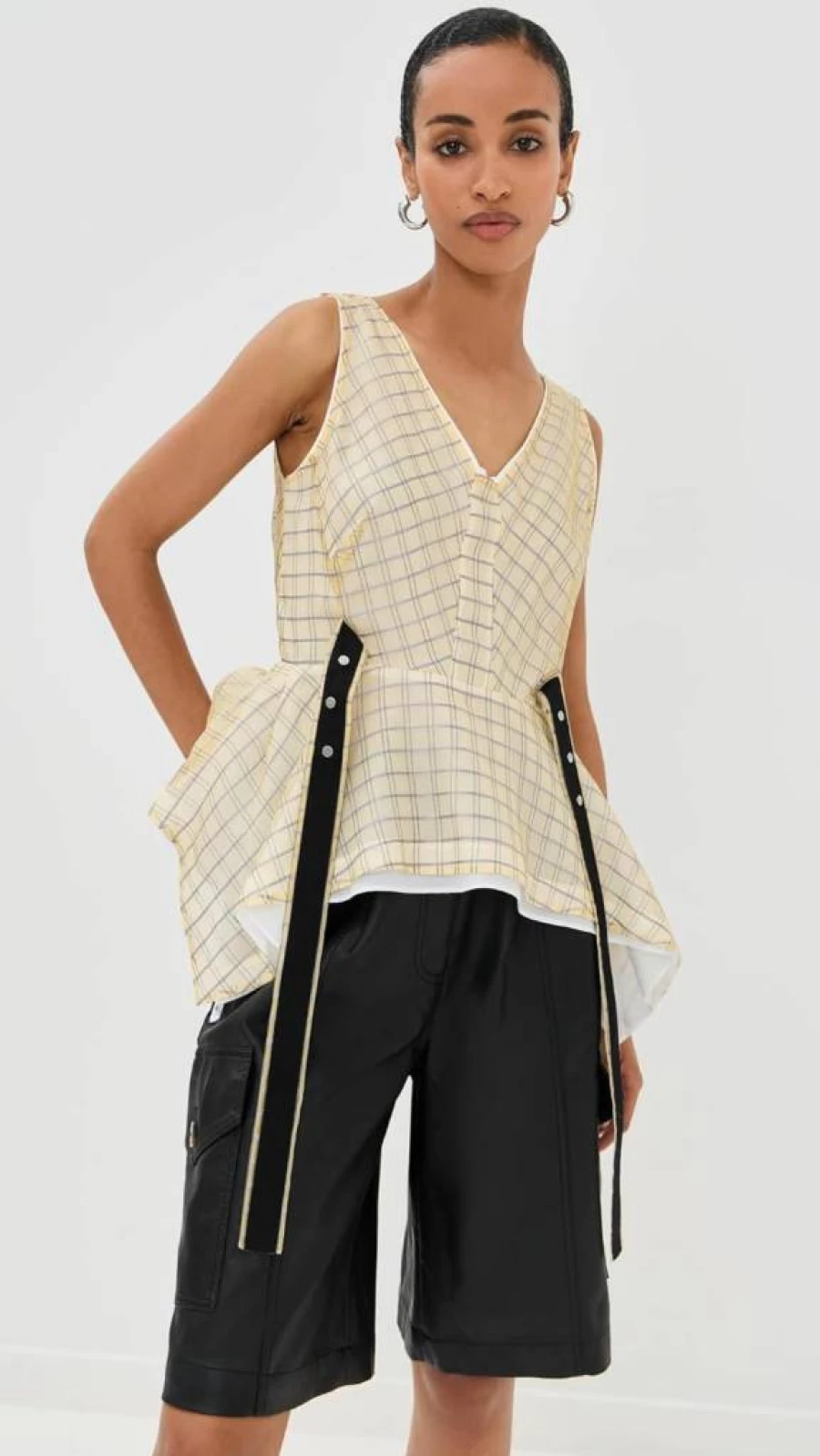 3.1 Phillip Lim Women's Flounce Plaid Organza Top V-Neck Blouse Elegant Chic Style