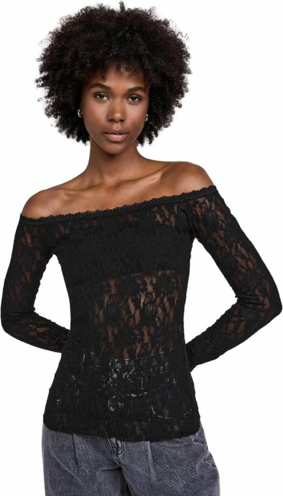 Hanky Panky Women's Signature Lace Off-Shoulder Long Sleeve Blouse Elegant Tops
