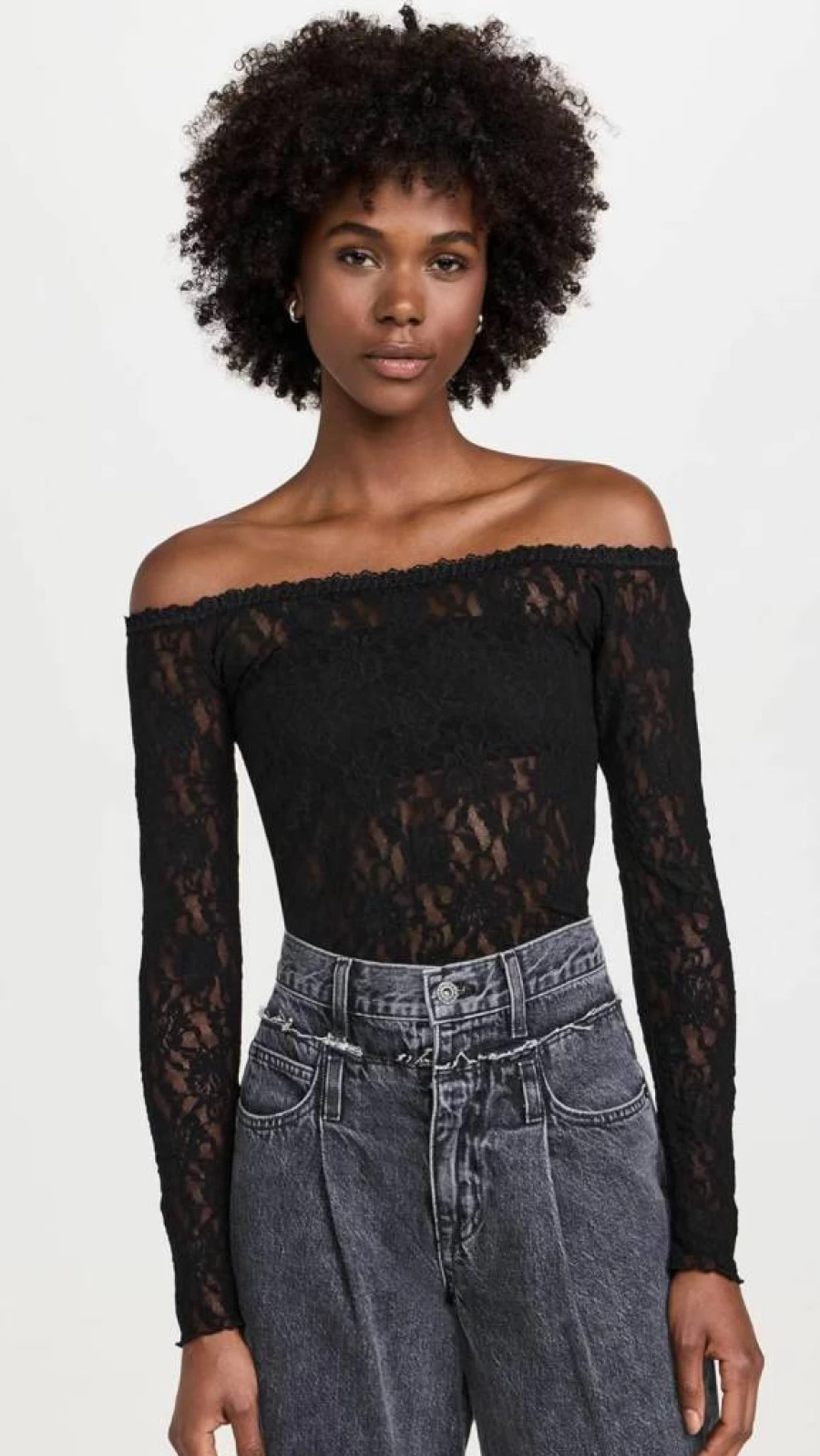 Hanky Panky Women's Signature Lace Off-Shoulder Long Sleeve Blouse Elegant Tops