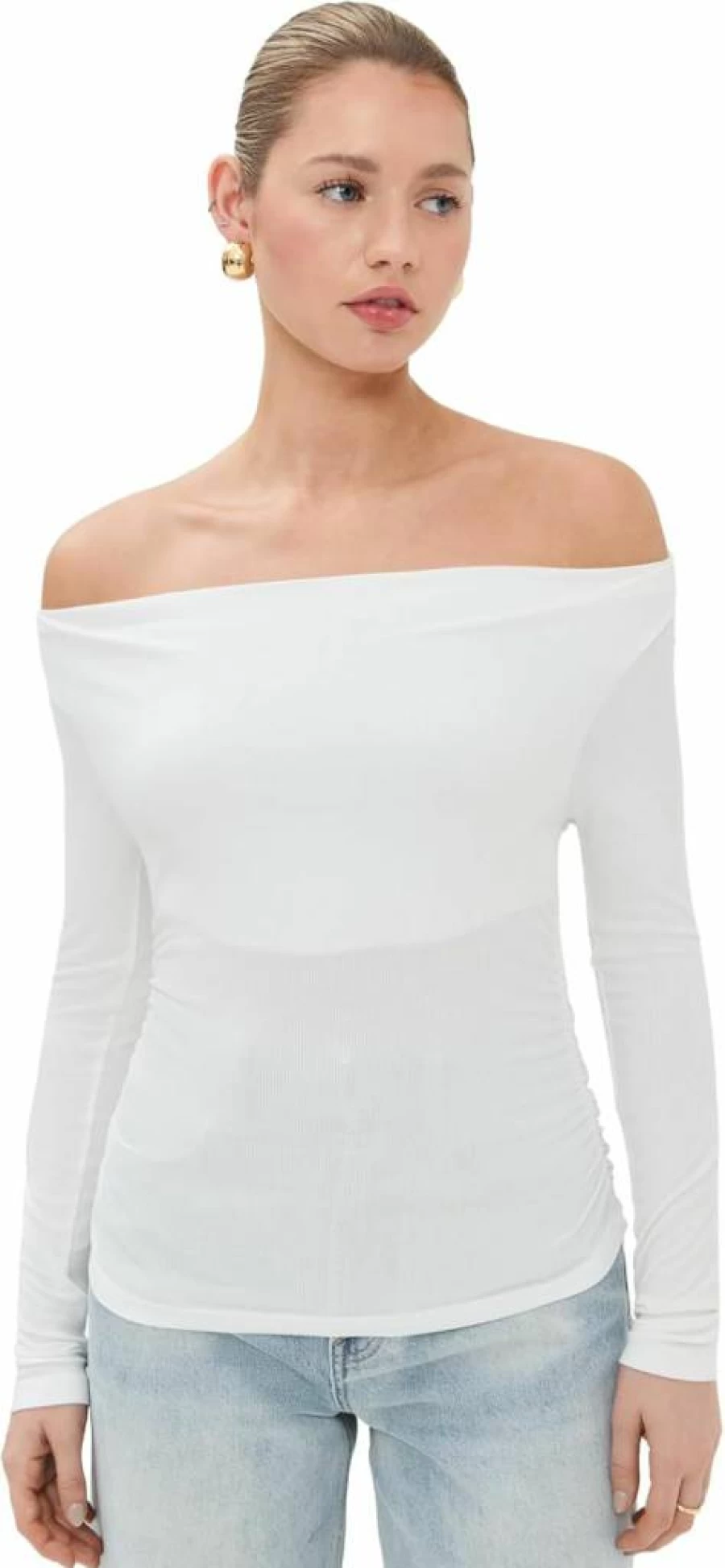 LE BOP Women's Scarlet Off-Shoulder T-Shirt - Casual Summer Blouse, Feminine Stretch Knit Top, Trendy Red Crew Neck Tee
