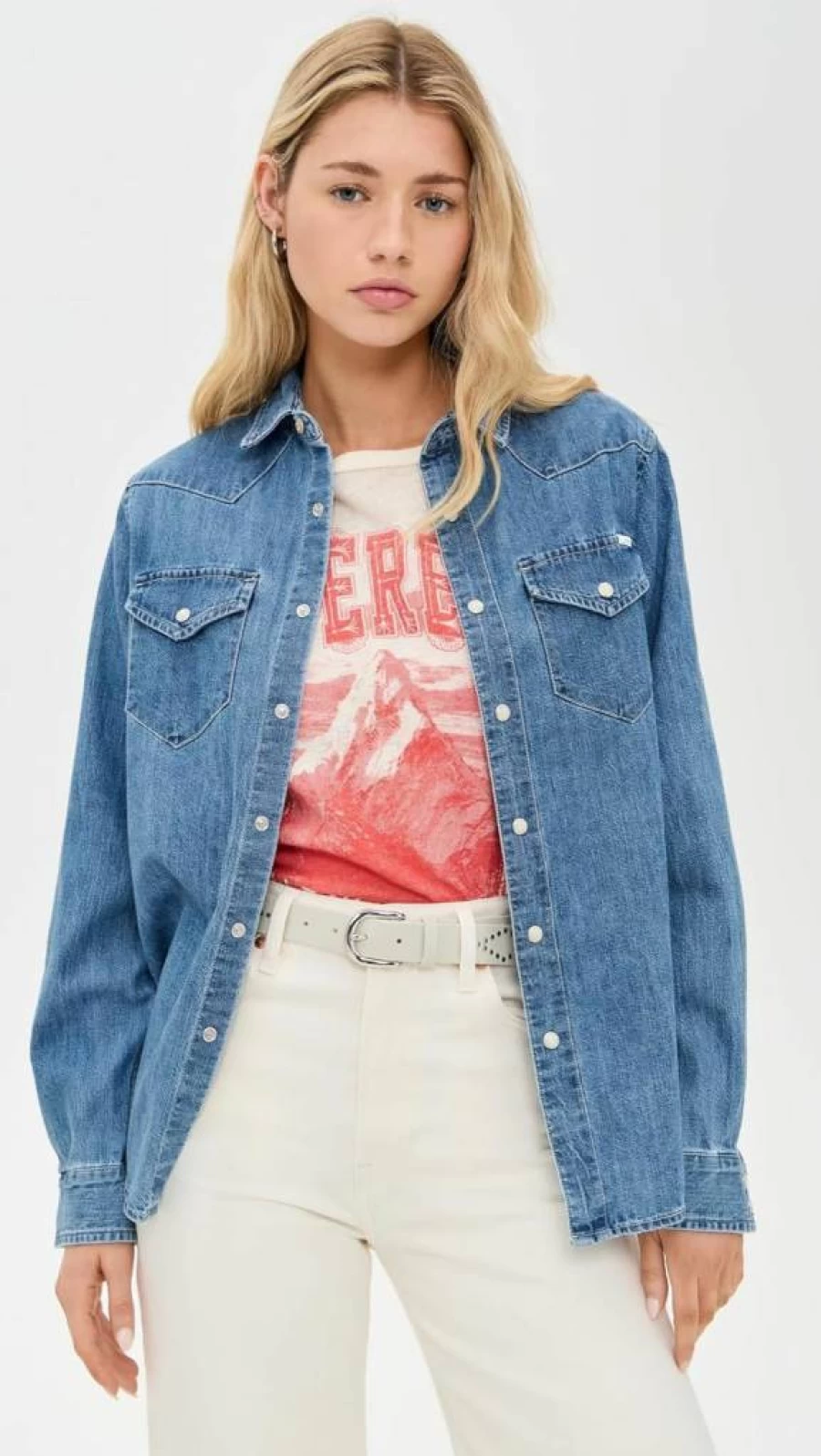 MOTHER Women's All My Exes Denim Shirt - Vintage Washed Distressed Button-Up Top